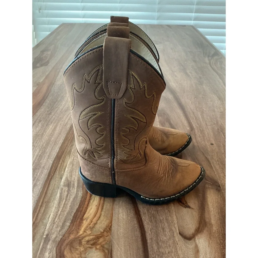Old West Kids Leather Cowboy Boots Tan Brown Western Stitch 8129 Size 10D